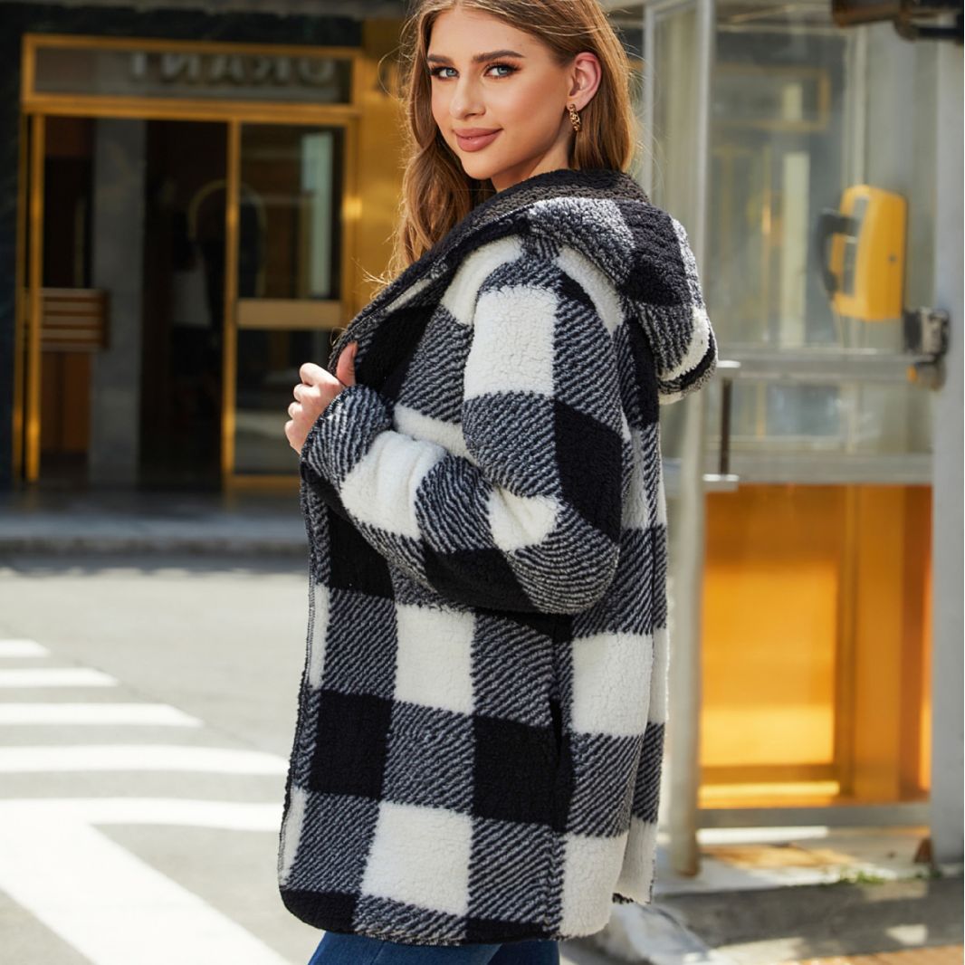 Ladies Oversized Checkered Plush Jacket with Hood Lune London