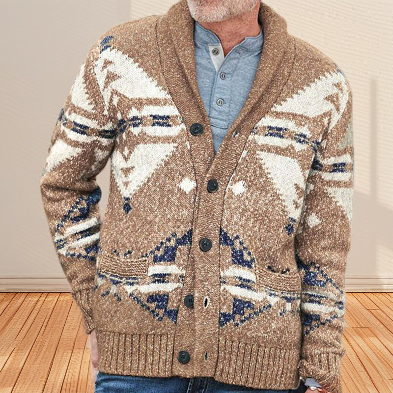 Knit jacket for men with a unique geometric pattern and a deep collar Lune London