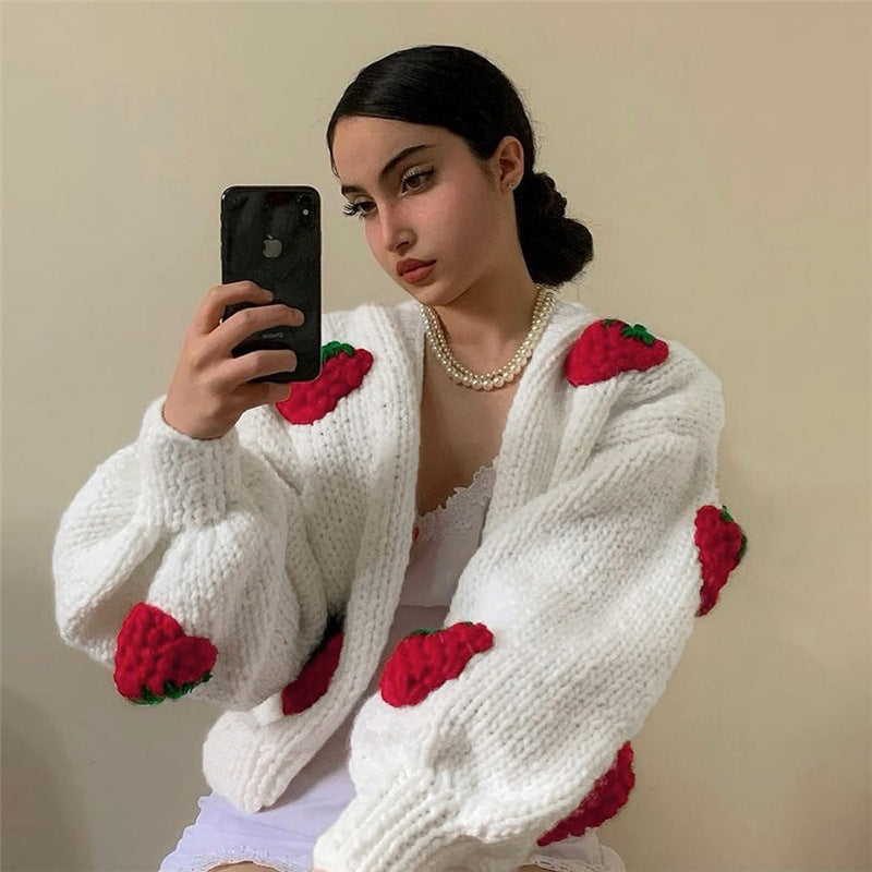 Knitted jacket for women with strawberry appliqués and loose sleeves Lune London