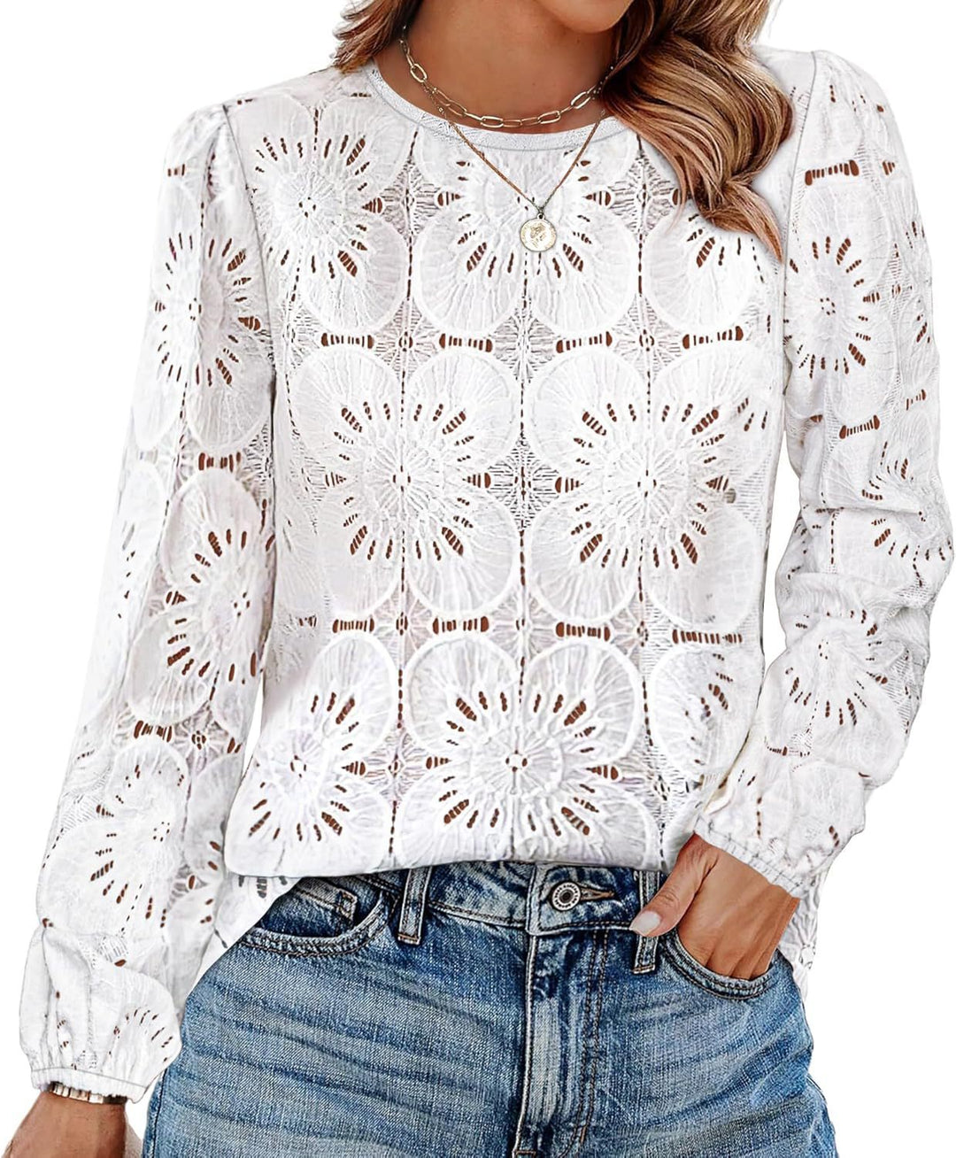 Lace blouse for women with floral details and elegant puff sleeves Lune London