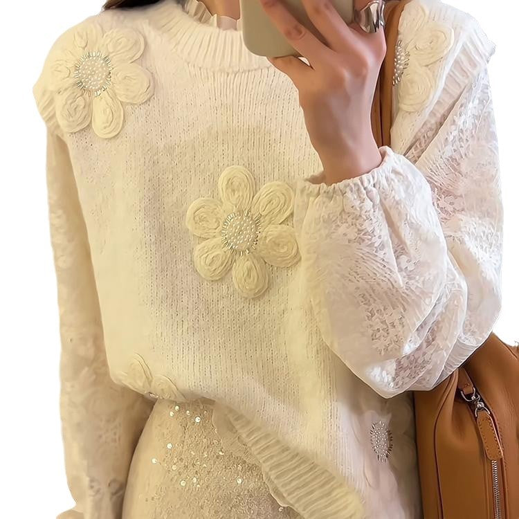 Pull en tricot pour femmes avec des appliqués floraux 3D Chic & Stil