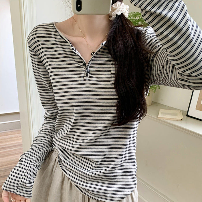 Women's stylish long-sleeve shirt with button placket and stripe pattern Chic & Stil