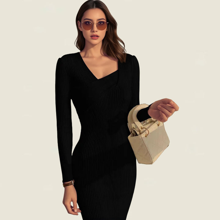 Lune London long sleeve knitted dress for women with asymmetric neckline