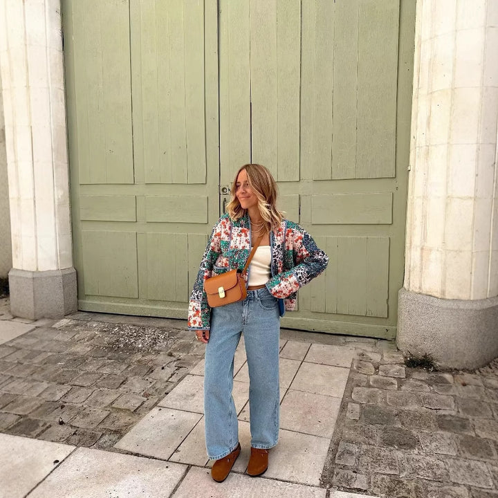 Fashion quilted jacket for women with a colorful floral patchwork design Lune London