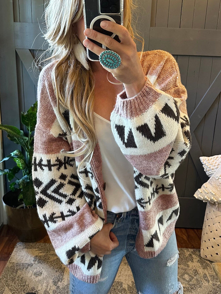 Comfortable knitted jacket for women with decorative ethnic pattern and open cut Lune London