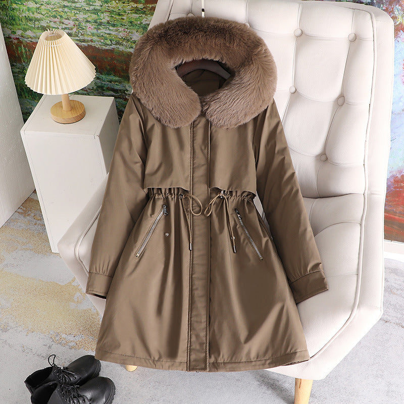 Ladies elegant winter coat with removable faux fur collar and adjustable drawstring at the waist Lune London