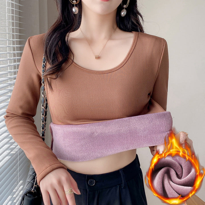 Ladies fashionable cropped long sleeve shirt with ribbed texture Chic & Stil