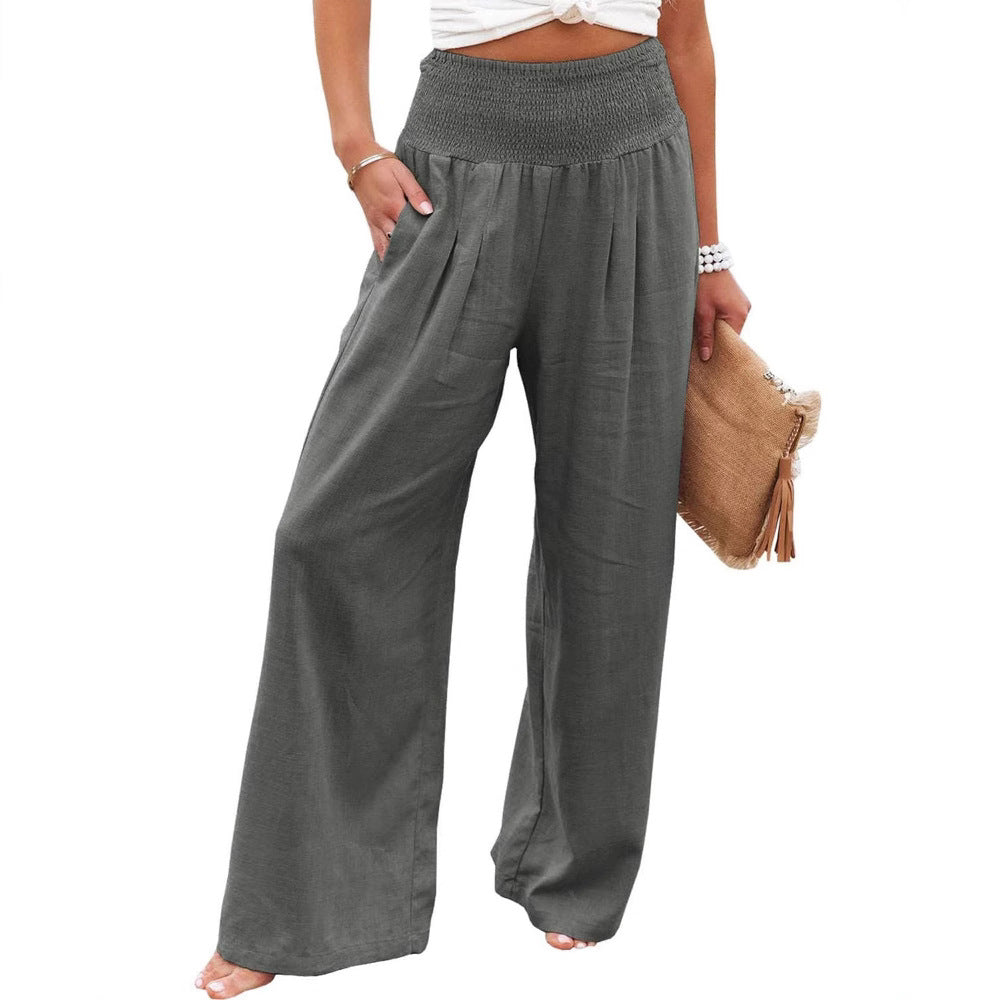 Women's Wide Linen Trousers with Elastic Waistband and Pleats Lune London