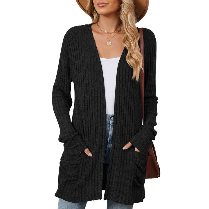 Ladies casual knit jacket with ribbed texture and practical pockets Lune London
