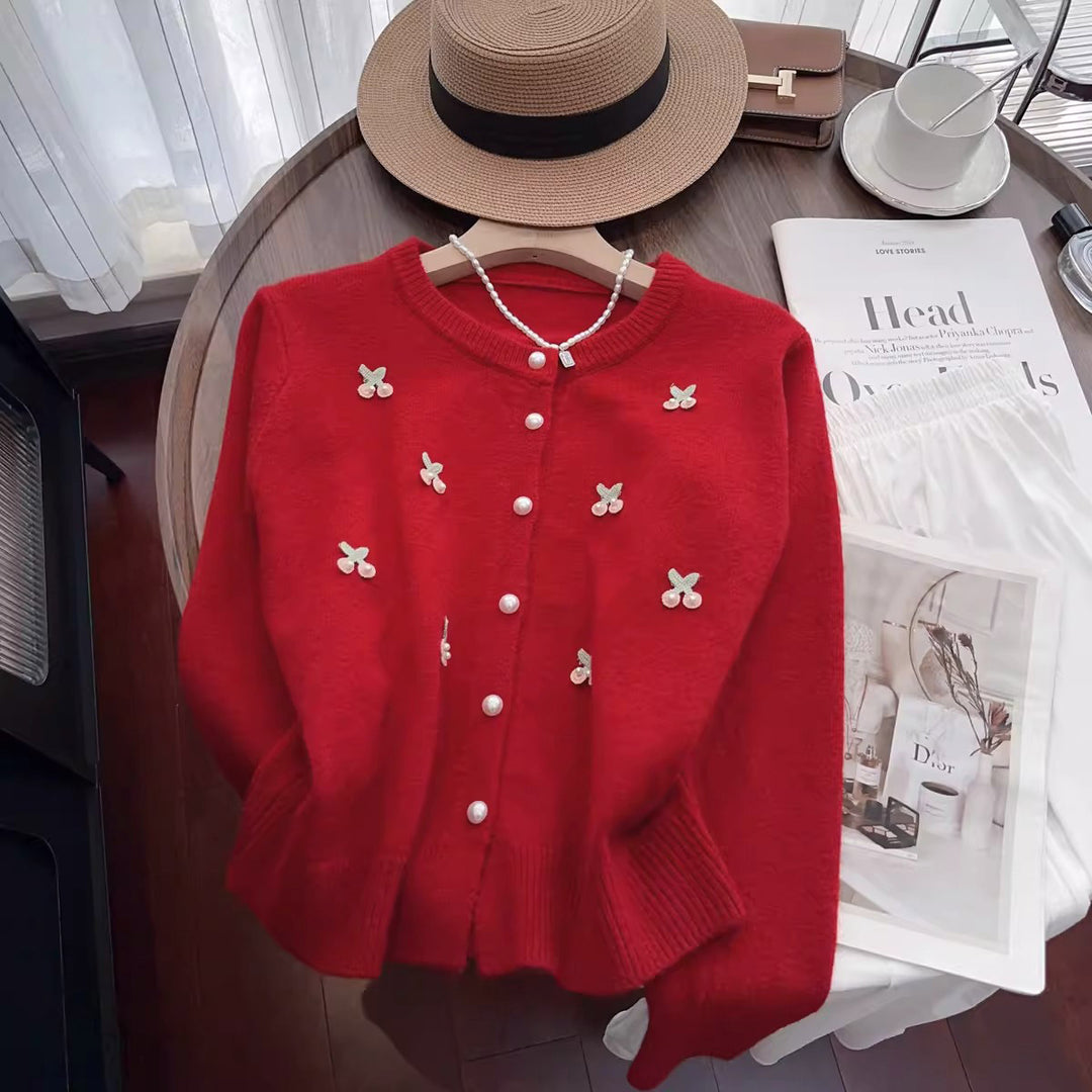 Knit jacket for women with floral embroidery and pearl buttons Lune London