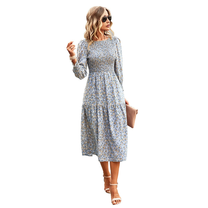 Women Floral Midi Dress with Gathered Waist and Long Sleeves Lune London