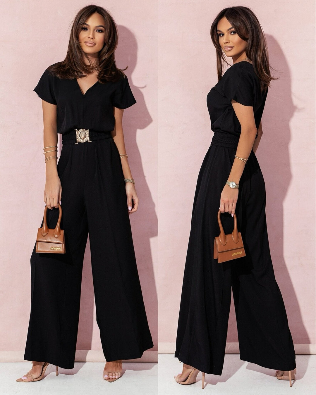 Stylish women's jumpsuit with wide cut and belt Lune London