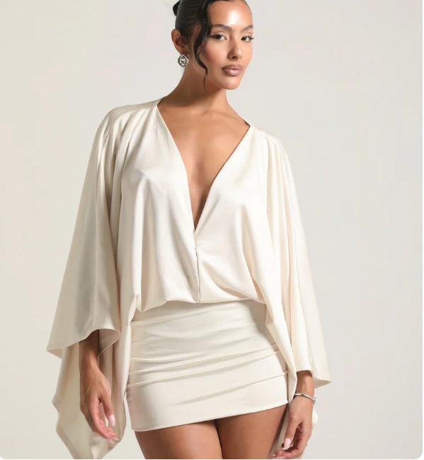 Ladies Chic Mini Dress with Voluminous Sleeves and Elegant Stand Collar Lune London