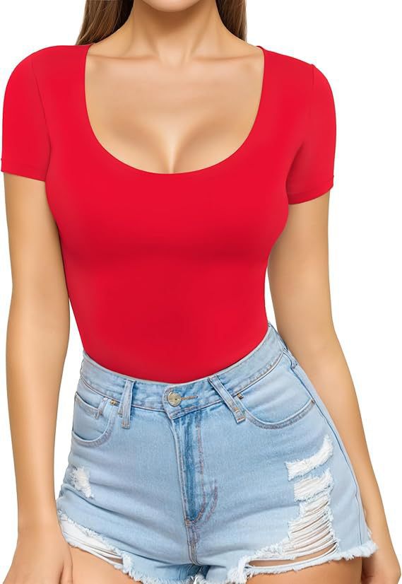 Women's fitted short-sleeve bodysuit with round neckline and seamless design Lune London