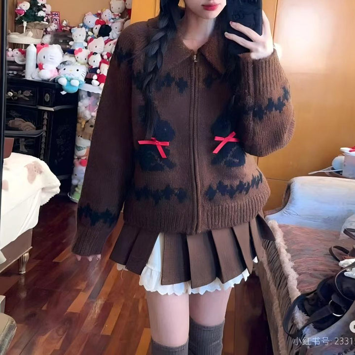 Cardigan pour femmes avec motif animal et nœuds décoratifs