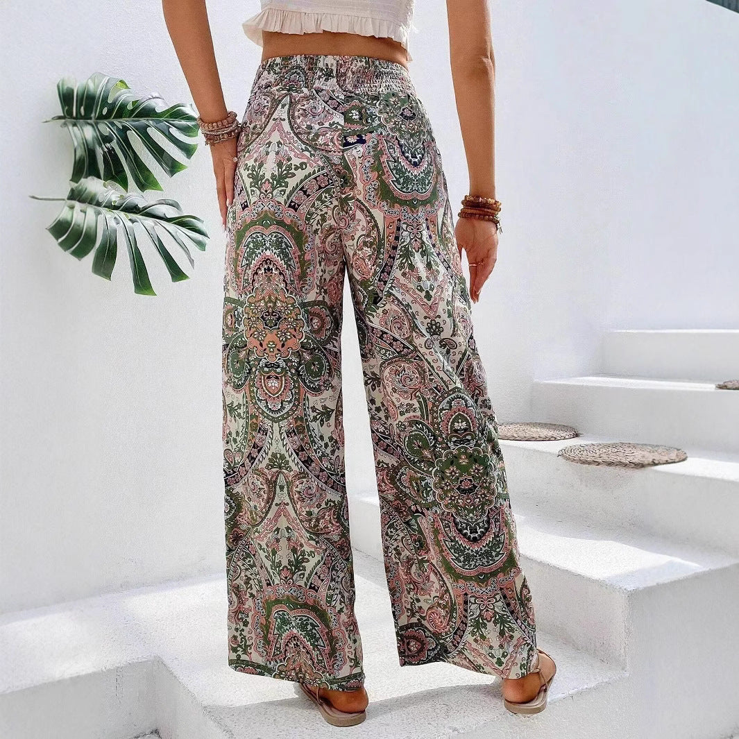 Women's Wide Palazzo Pants with Elastic Waistband and Paisley Pattern Lune London