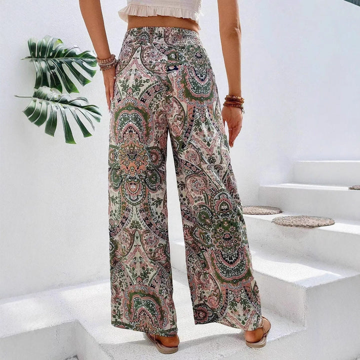 Women's Wide Palazzo Pants with Elastic Waistband and Paisley Pattern Lune London