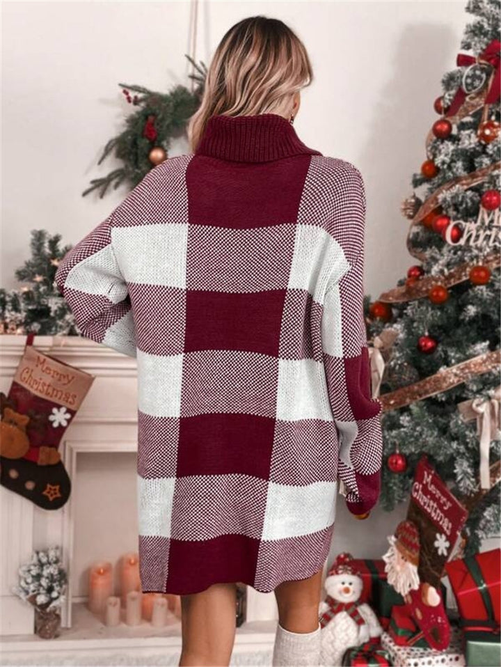 Women's knitted dress with high collar and checkered pattern Lune London