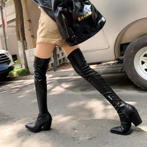 Over-the-knee high heel boots for women with a chic strap design Lune London