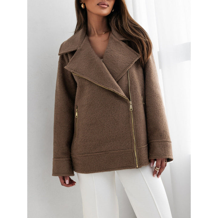 Elegant and fluffy biker jacket for ladies with gold zipper details Lune London