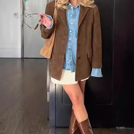 Vintage style suede blazer for women with pockets Lune London