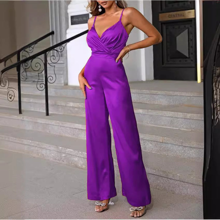 Ladies elegant jumpsuit with fitted draping and thin straps Lune London