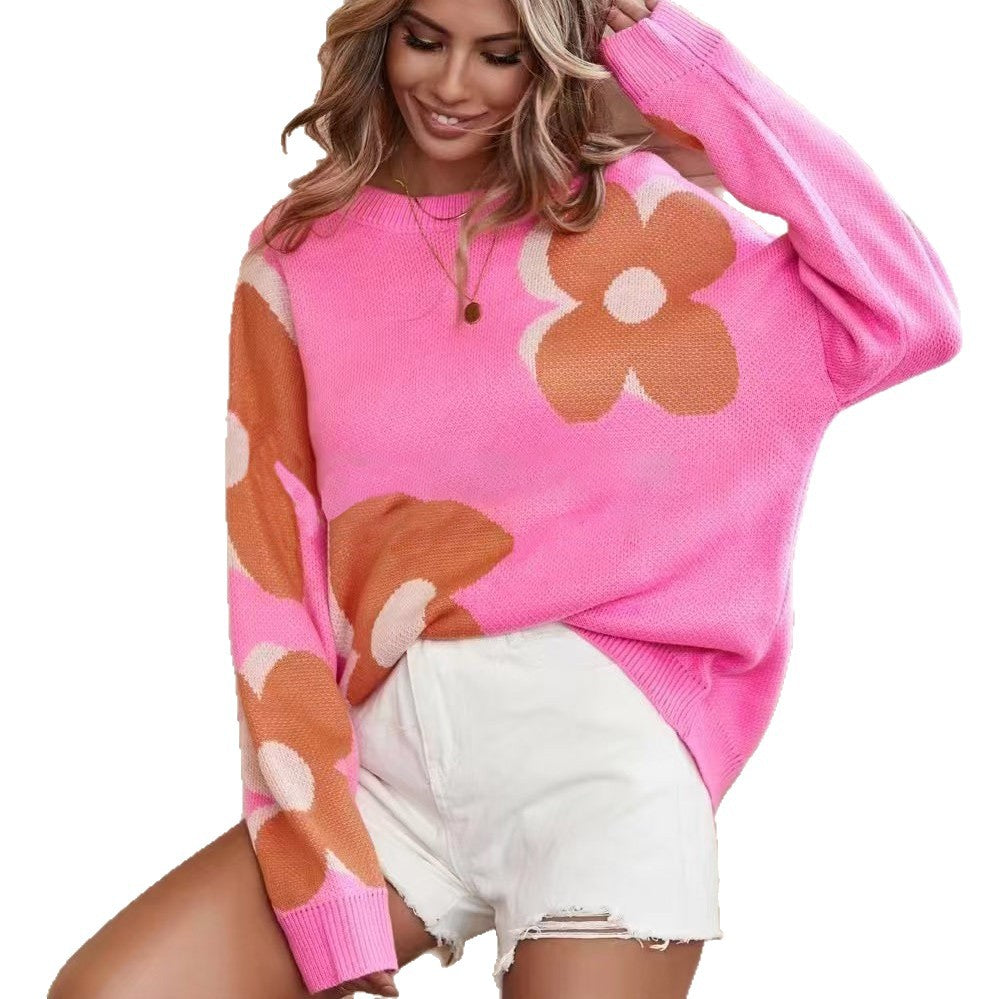 Pull en maille épaisse pour femmes avec motif floral vibrant et encolure ronde Chic & Stil