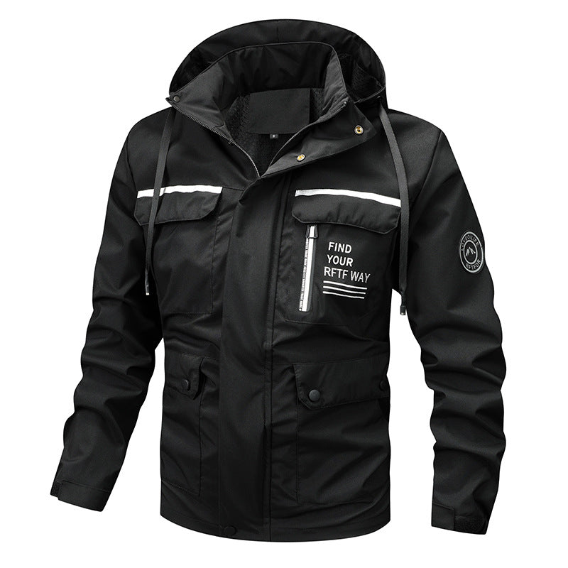 Multi-functional outdoor jacket for men with adjustable hood and reflective elements Lune London