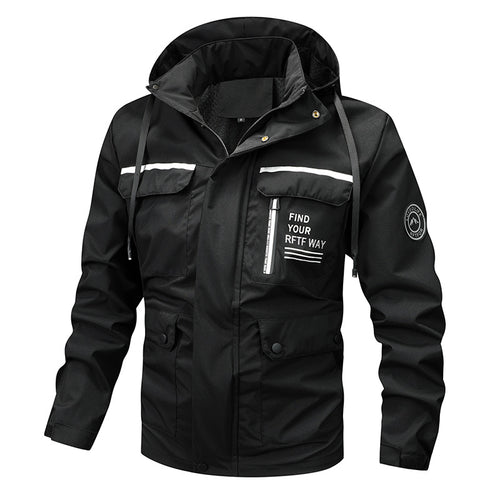 Multi-functional outdoor jacket for men with adjustable hood and reflective elements Lune London