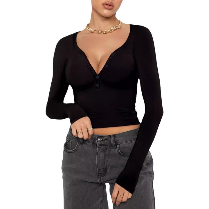 Long sleeve women's t-shirt with V-neckline and button details Lune London