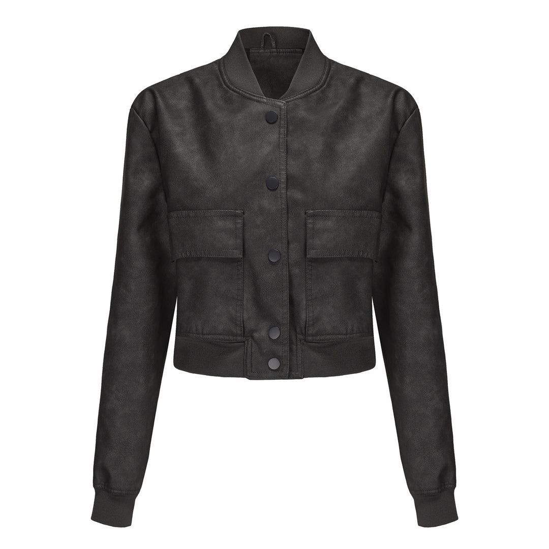 Faux leather bomber jacket for women with practical pockets and elastic cuffs Lune London