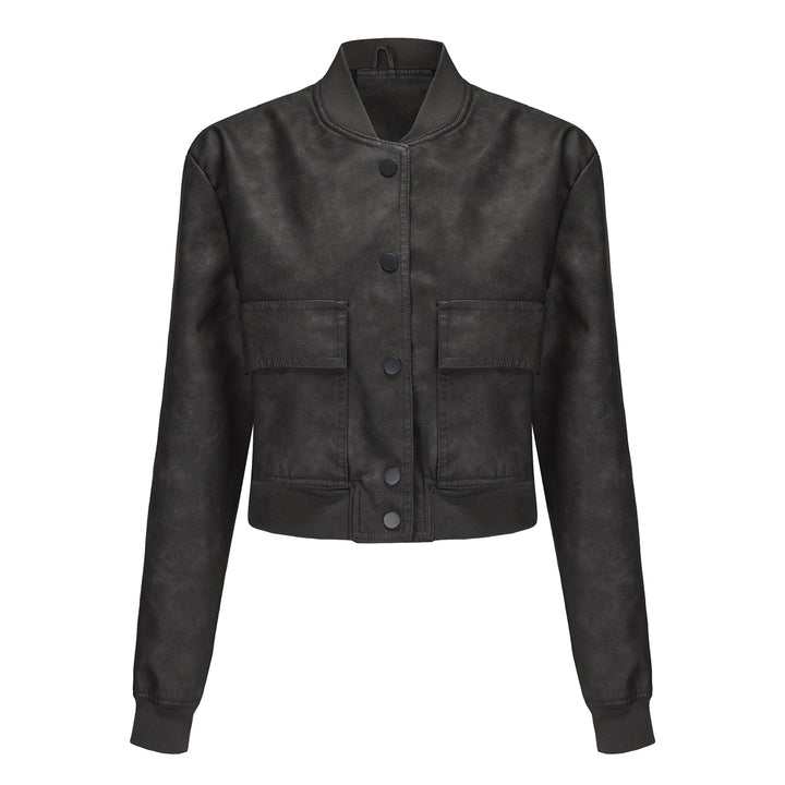 Faux leather bomber jacket for women with practical pockets and elastic cuffs Lune London