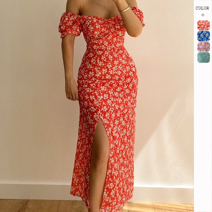 Maxi fitted dress for women with puff sleeves and floral design Chic & Stil