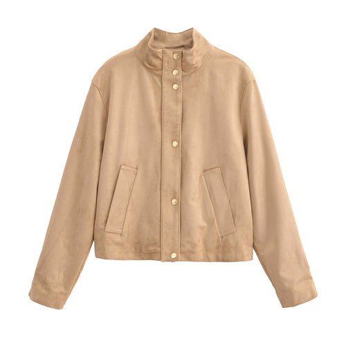 Faux leather jacket for women with high collar and practical side pockets Lune London