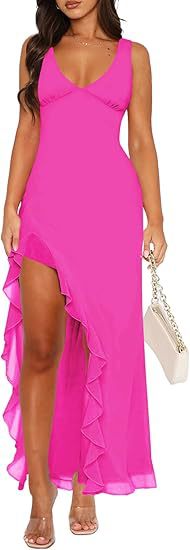 Women's maxi dress with asymmetric hem and ruffle details Lune London