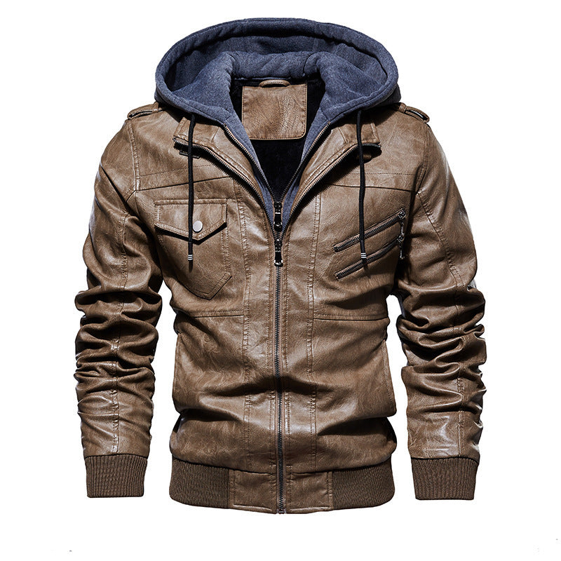Casual synthetic leather jacket for men with removable hood and multiple pockets Lune London