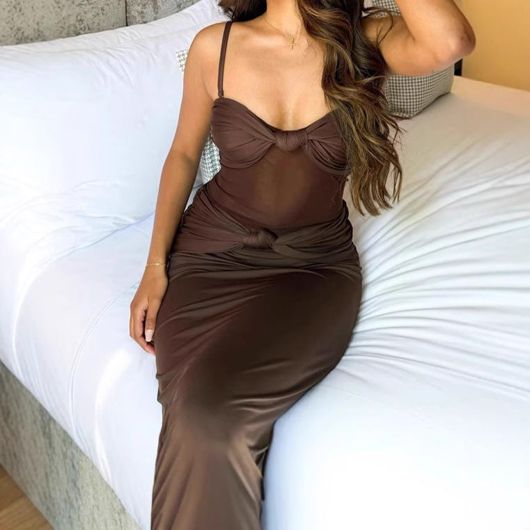 Maxi Dress for women with deep V-neck and refined knot details Lune London