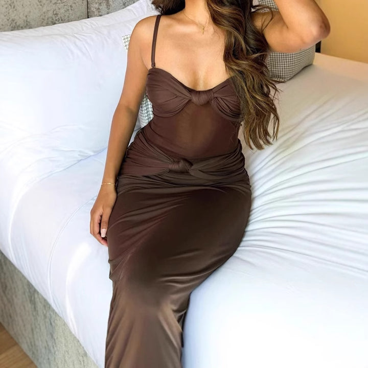 Maxi Dress for women with deep V-neck and refined knot details Lune London
