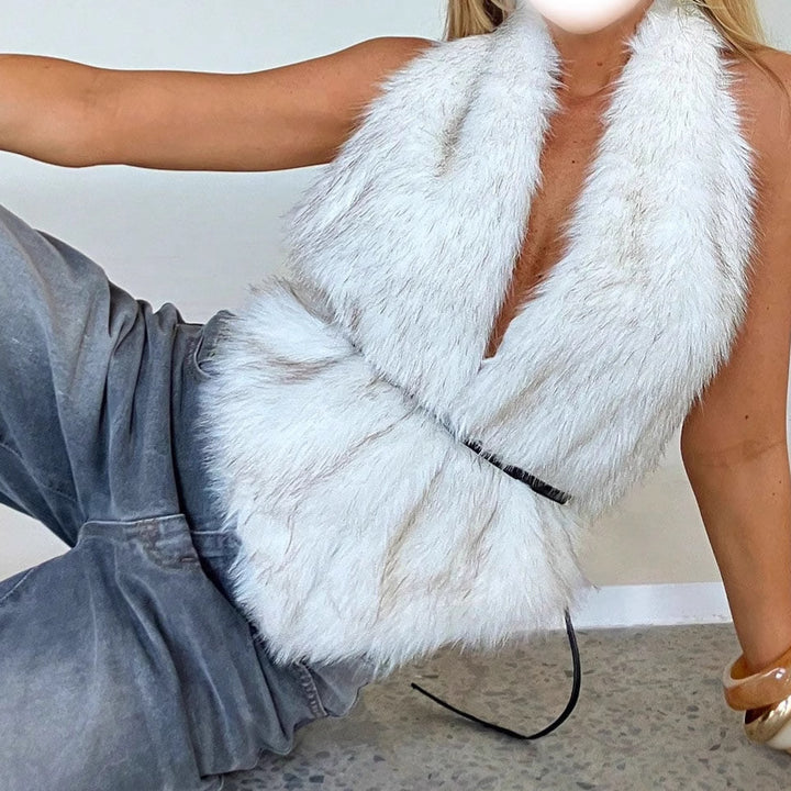 Ladies short faux fur jacket with waist belt Lune London