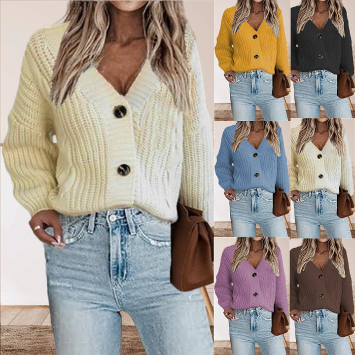 Knit jacket for women with deep V-neck and decorative buttons Lune London