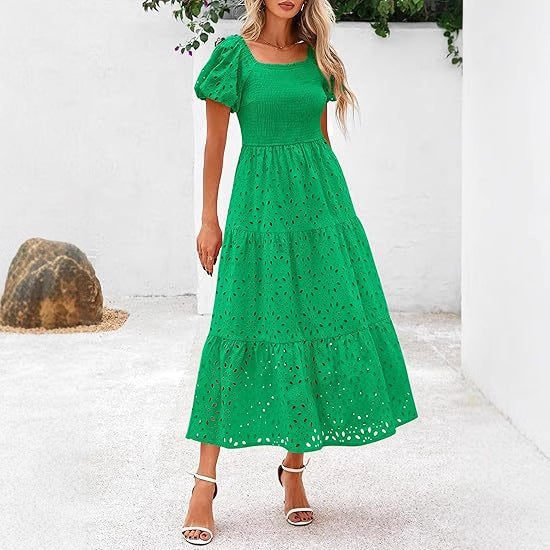 Maxi dress for women with decorative cut-out pattern and puff sleeves Lune London