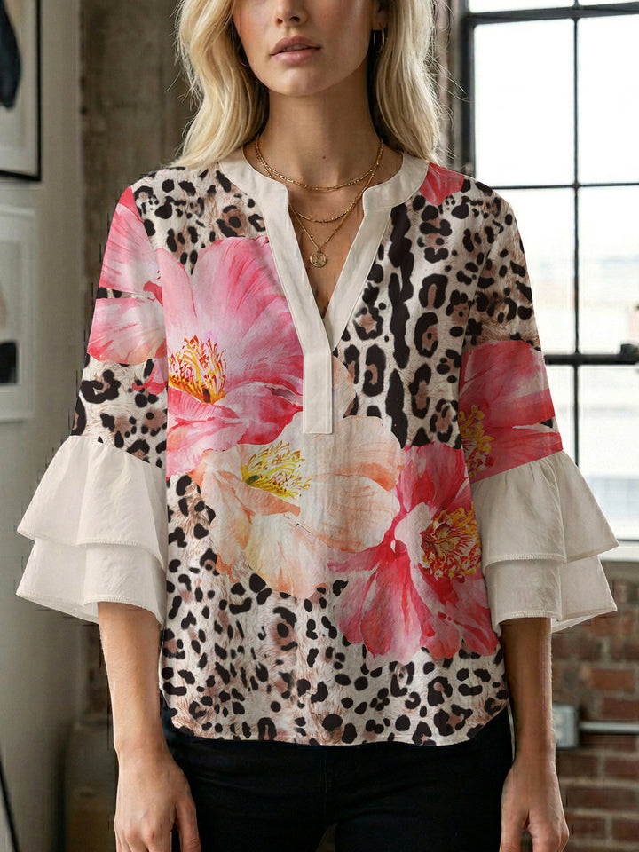 Women's casual blouse with ruffled sleeves and botanical print Lune London