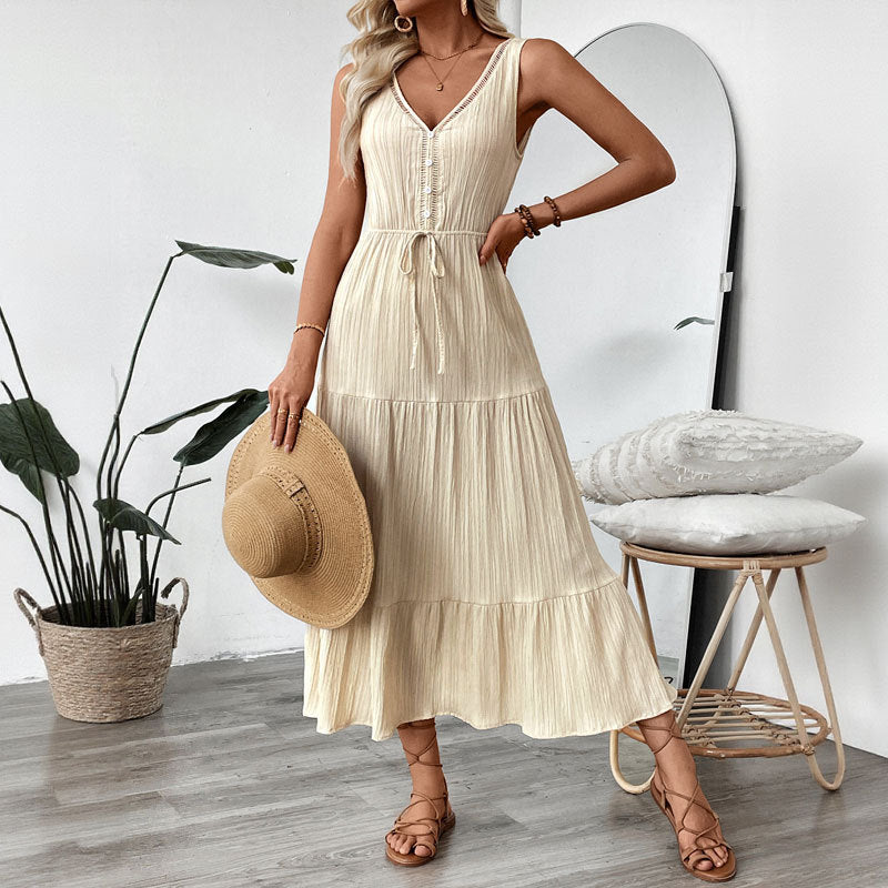Women Adjustable Tied Belt Chic Layered Maxi Dress