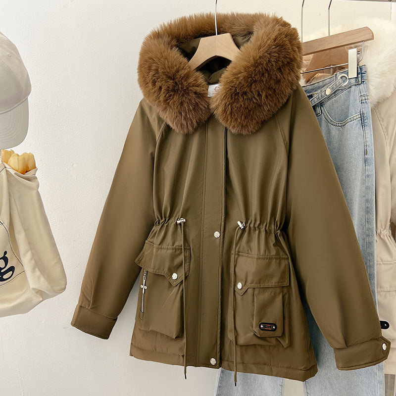 Multifunctional winter jacket for women with removable faux fur collar and adjustable waist drawstring Lune London