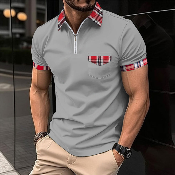 Men's modern half-zip polo with chic and stylish check detail