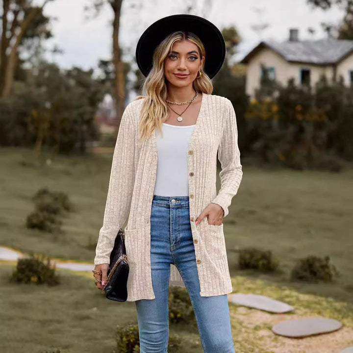 Women’s casual knit cardigan with button details and practical pockets Lune London