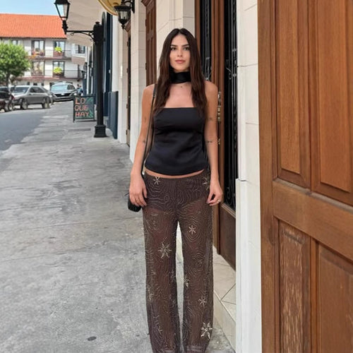 Elegant transparent Palazzohos pants for women with sparkling applications Lune London