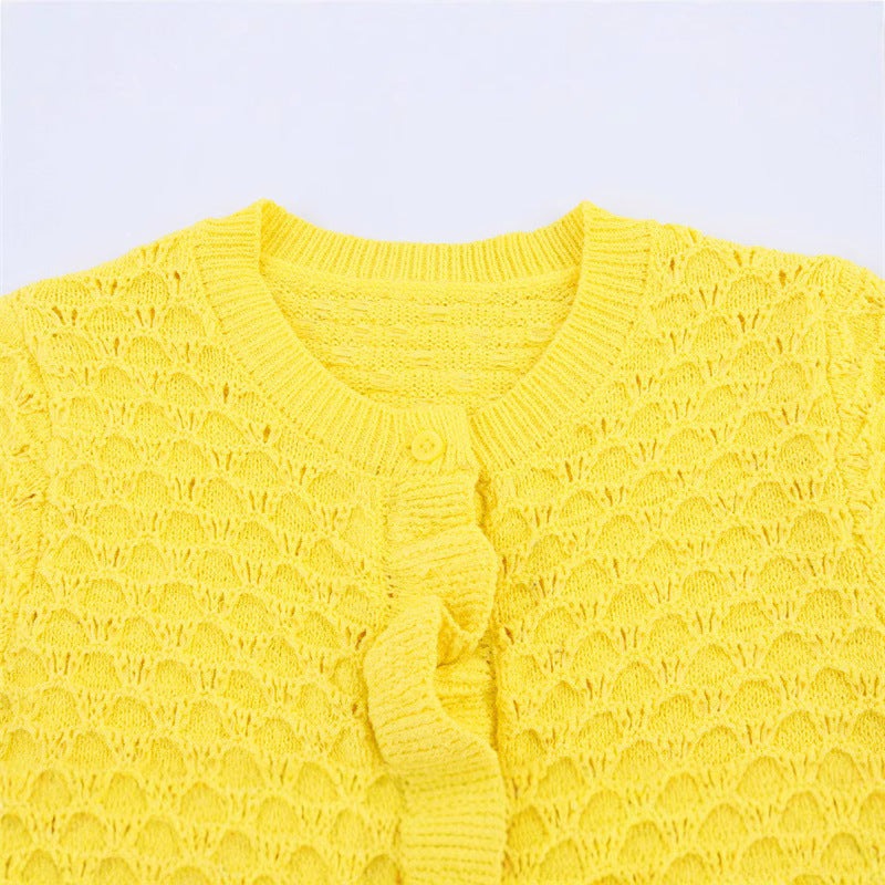 Knitted jacket for women with ruffle details and buttonhole Lune London