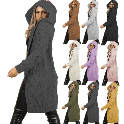 Knit coat for women with hood and elaborate braid pattern structure Lune London