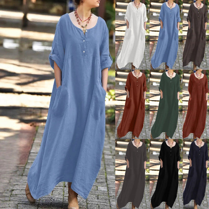 Long dress for women with button details and practical pockets Lune London